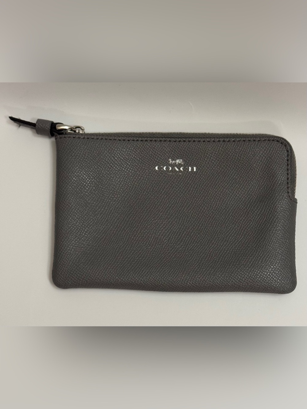 Coach Small Corner Zip Wristlet In Smoke Gray Pebbled Leather